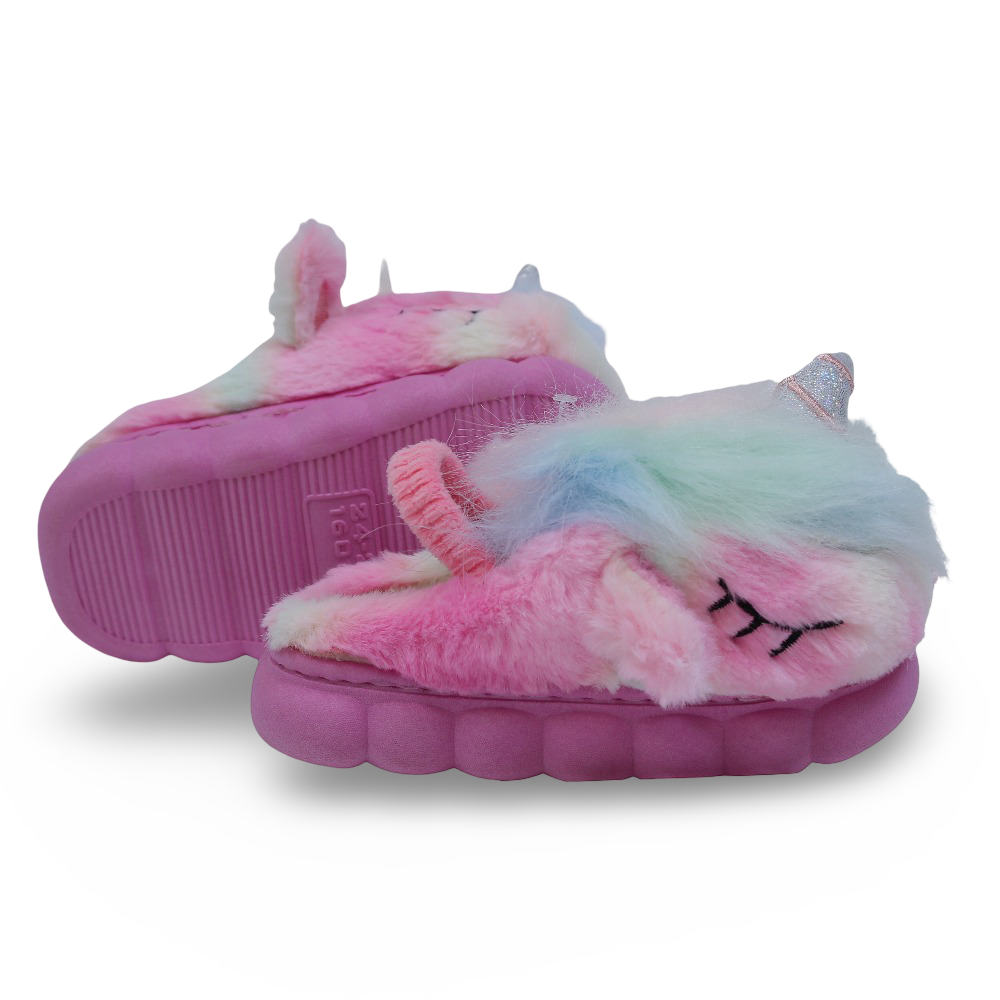 Girls Fur Slippers – Pink with Unicorn Design