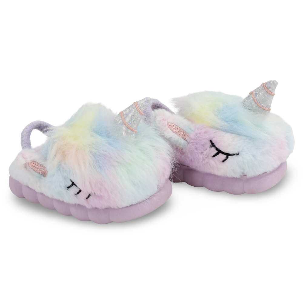 Girls Fur Slippers – Purple with Unicorn Design
