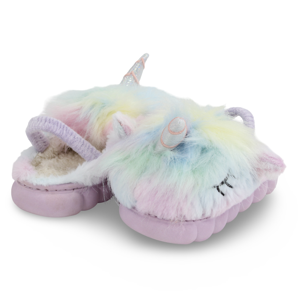 Girls Fur Slippers – Purple with Unicorn Design