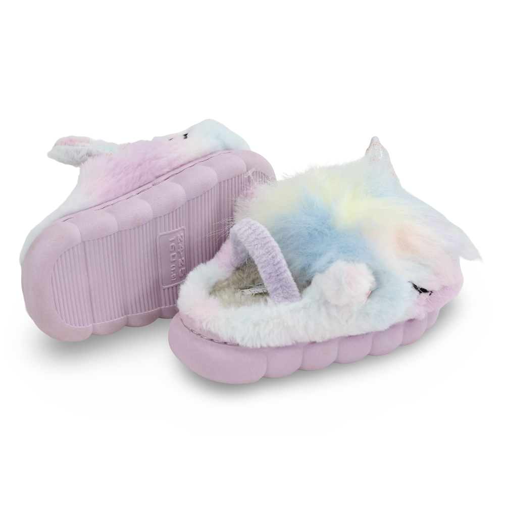 Girls Fur Slippers – Purple with Unicorn Design