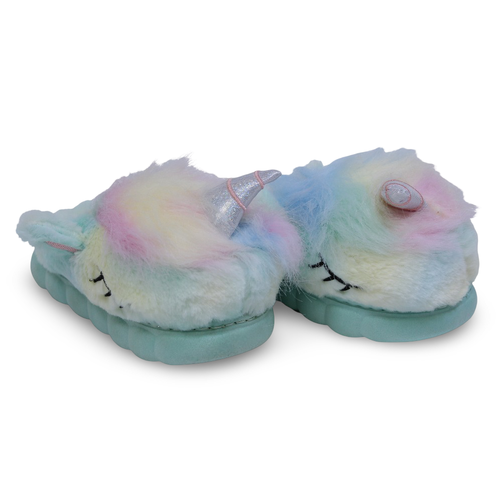 Girls Fur Slippers – Aqua with Unicorn Design - Clothing - Konooz