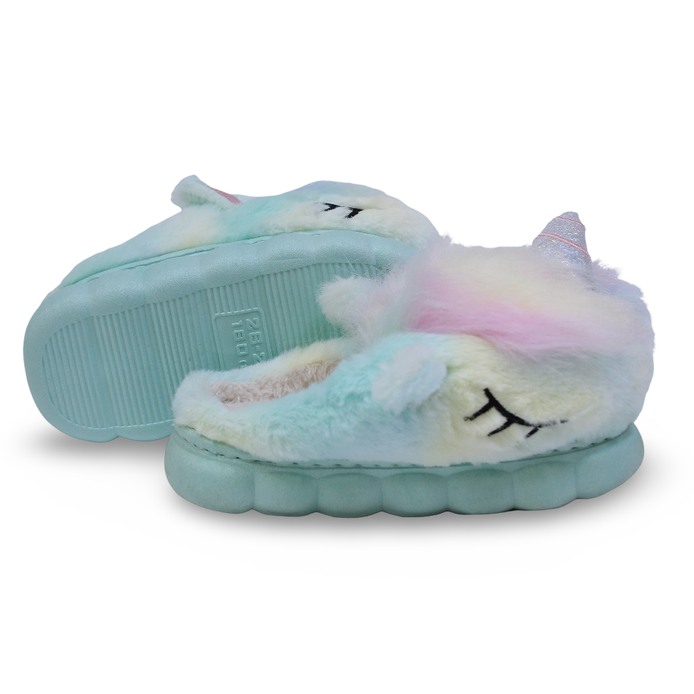 Girls Fur Slippers – Aqua with Unicorn Design