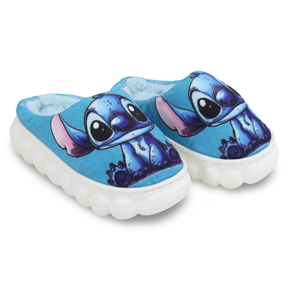 Girls Fur Slippers – Blue with Stitch Design