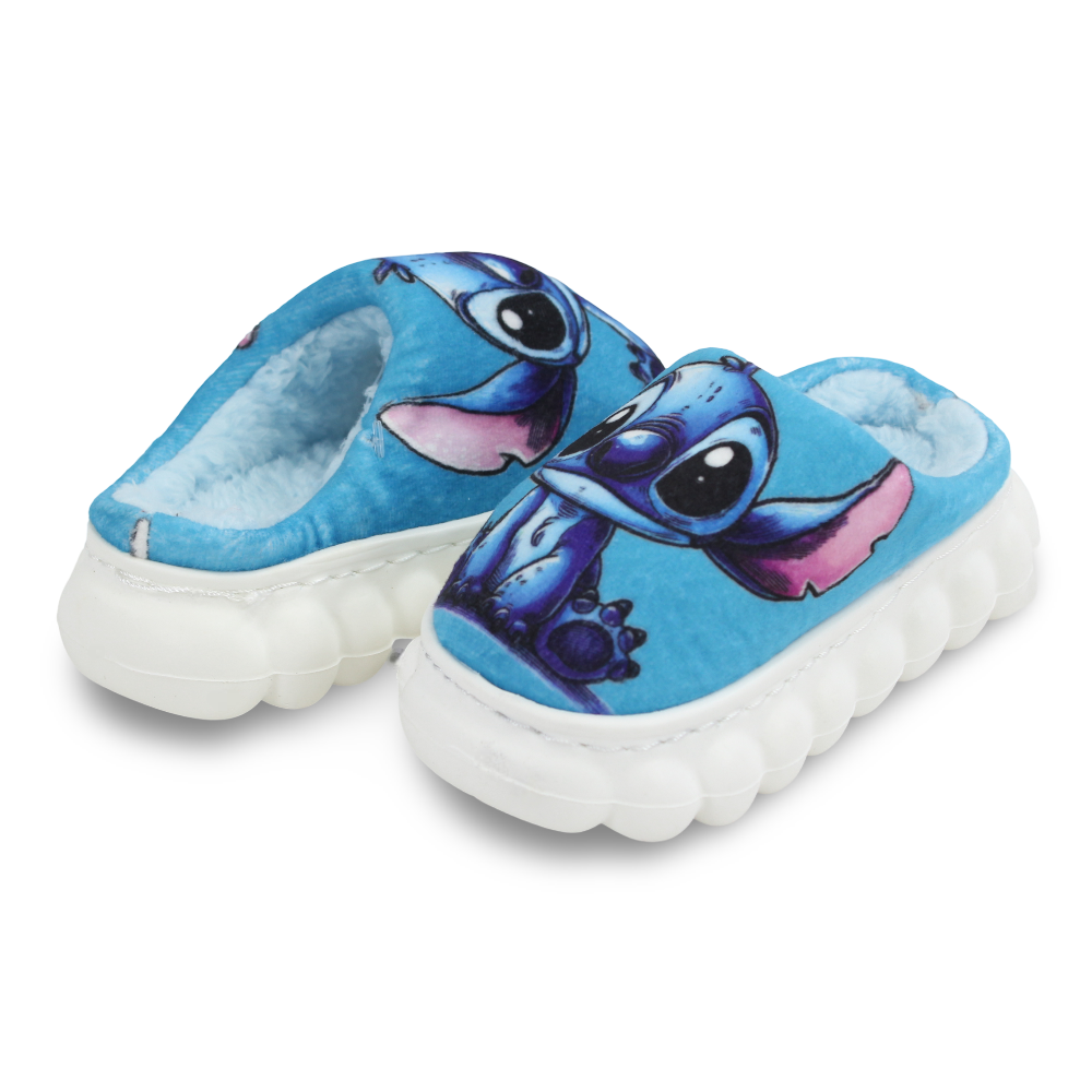 Girls Fur Slippers – Blue with Stitch Design