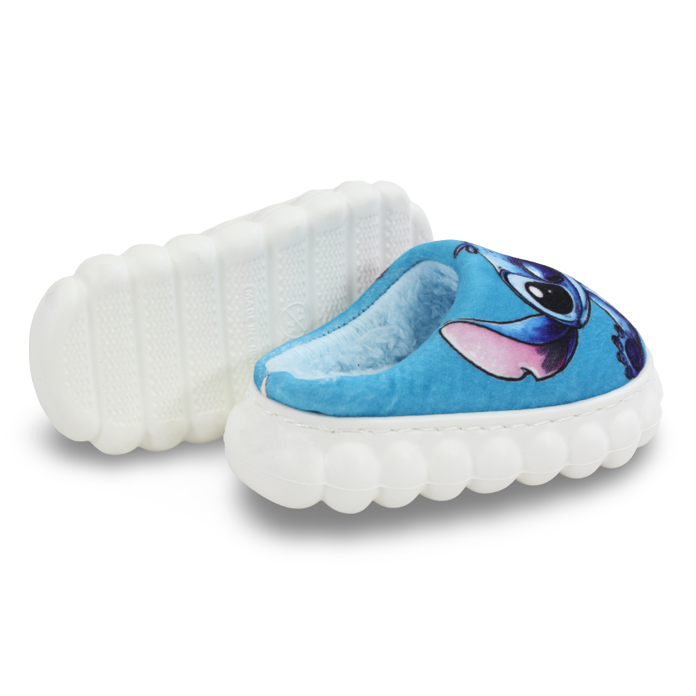 Girls Fur Slippers – Blue with Stitch Design