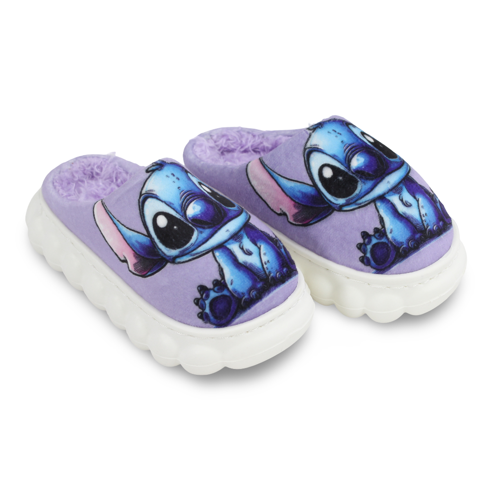 Girls Fur Slippers – Purple with Stitch Design - Clothing - Konooz