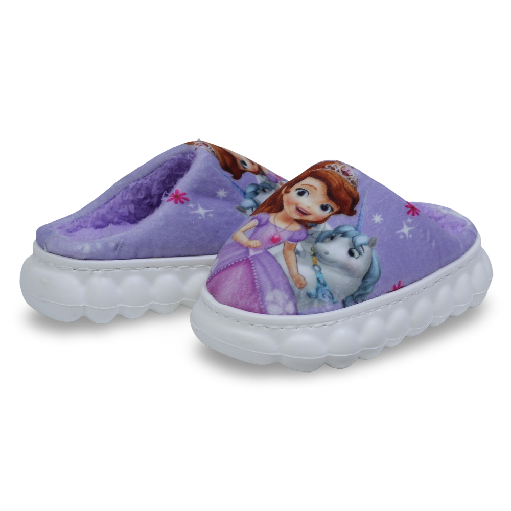 Girls Fur Slippers – Purple with Sofia Design