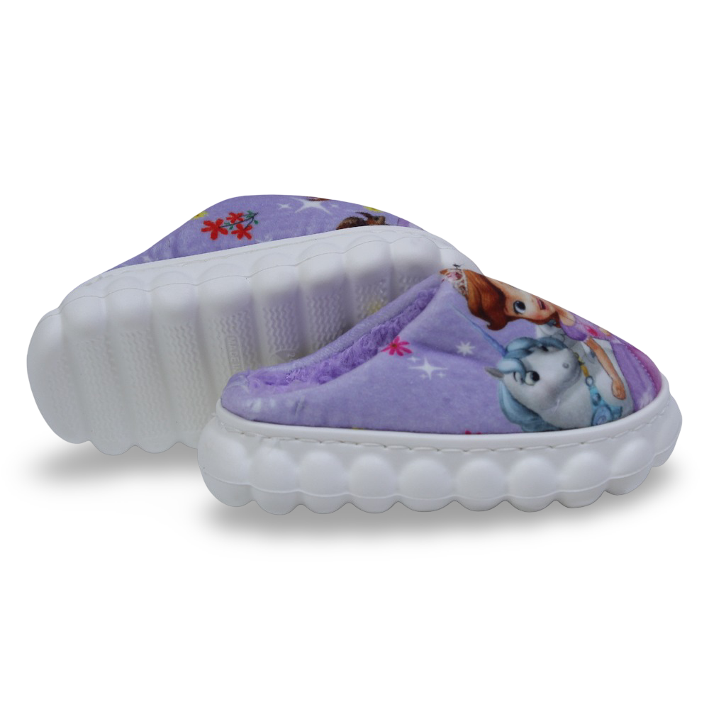 Girls Fur Slippers – Purple with Sofia Design