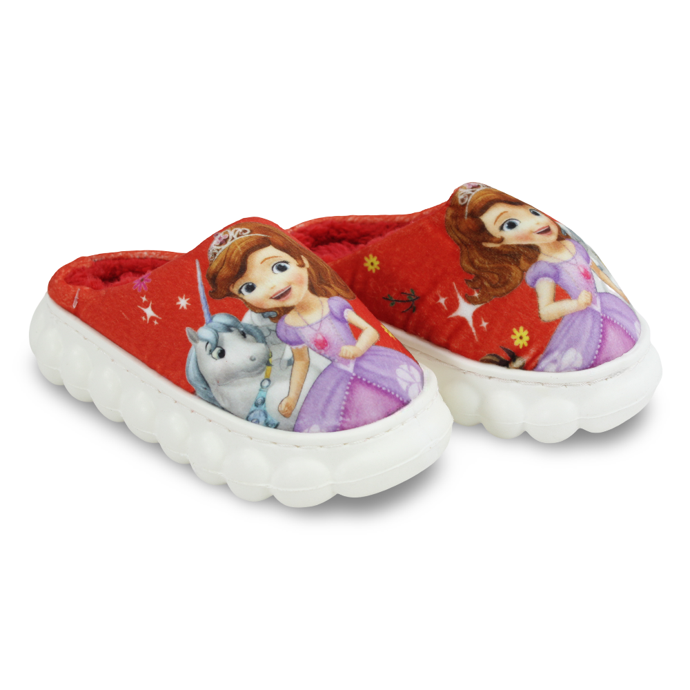 Girls Fur Slippers – Red with Sofia Design