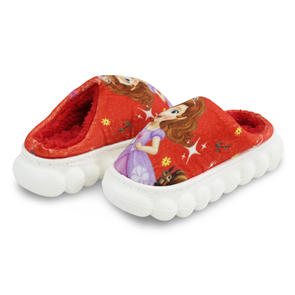 Girls Fur Slippers – Red with Sofia Design