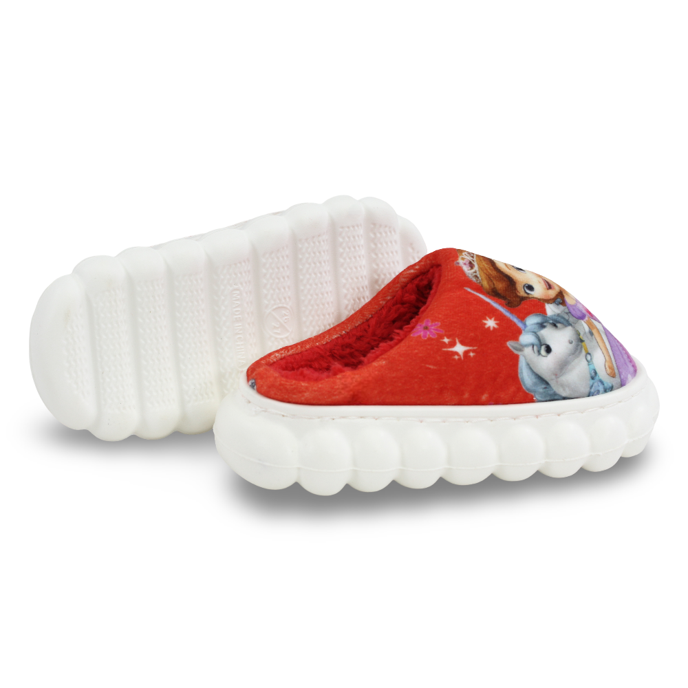 Girls Fur Slippers – Red with Sofia Design