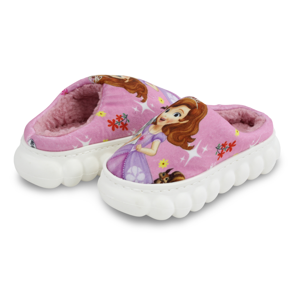 Girls Fur Slippers – Pink with Sofia Design