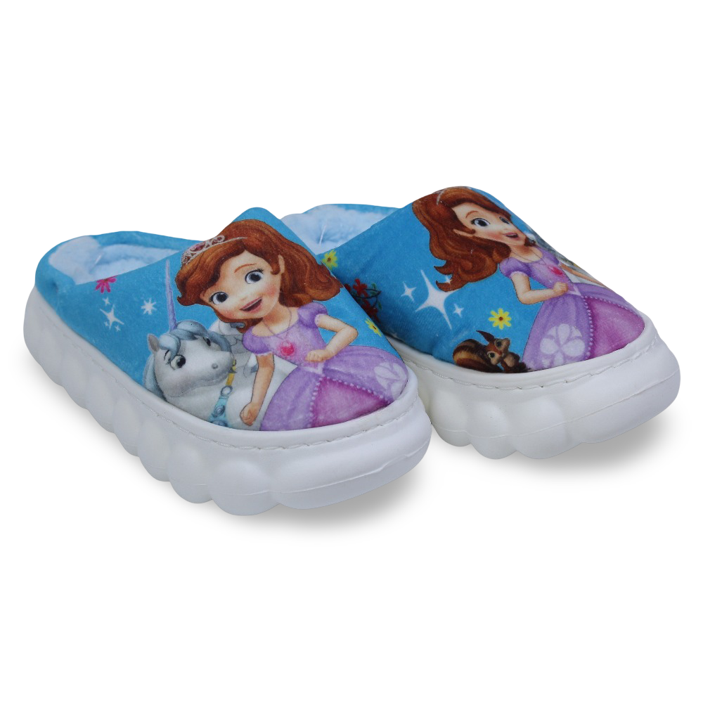 Girls Fur Slippers – Blue with Sofia Design - Clothing - Konooz