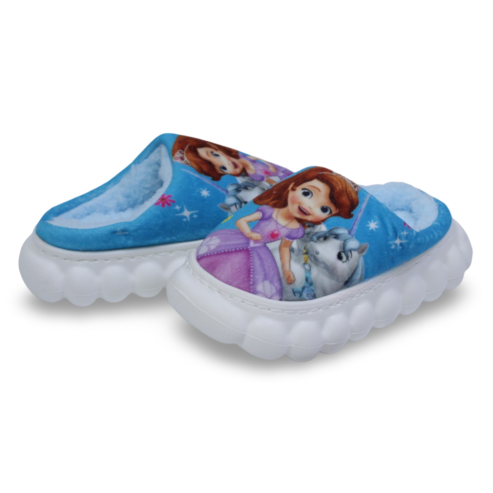 Girls Fur Slippers – Blue with Sofia Design