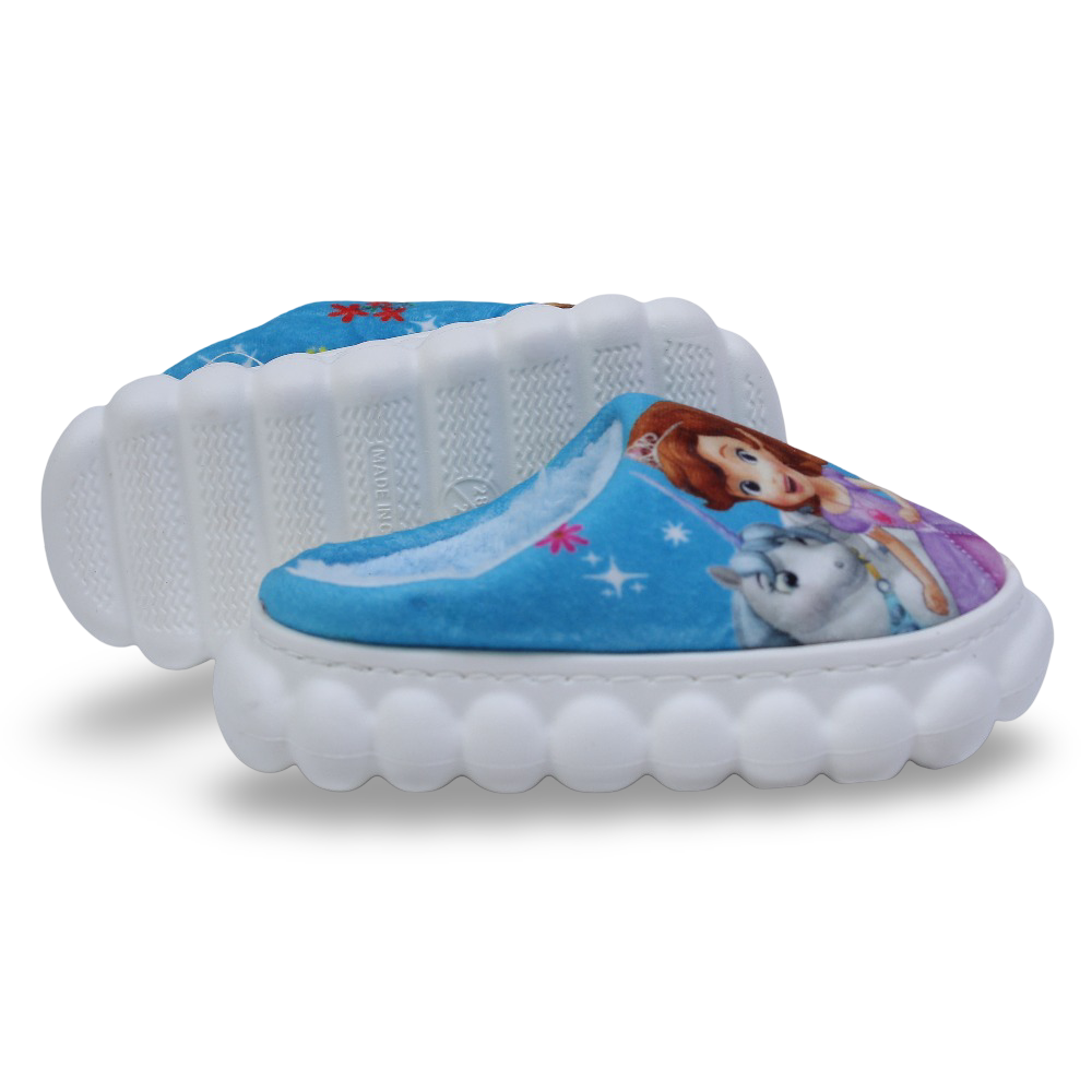 Girls Fur Slippers – Blue with Sofia Design