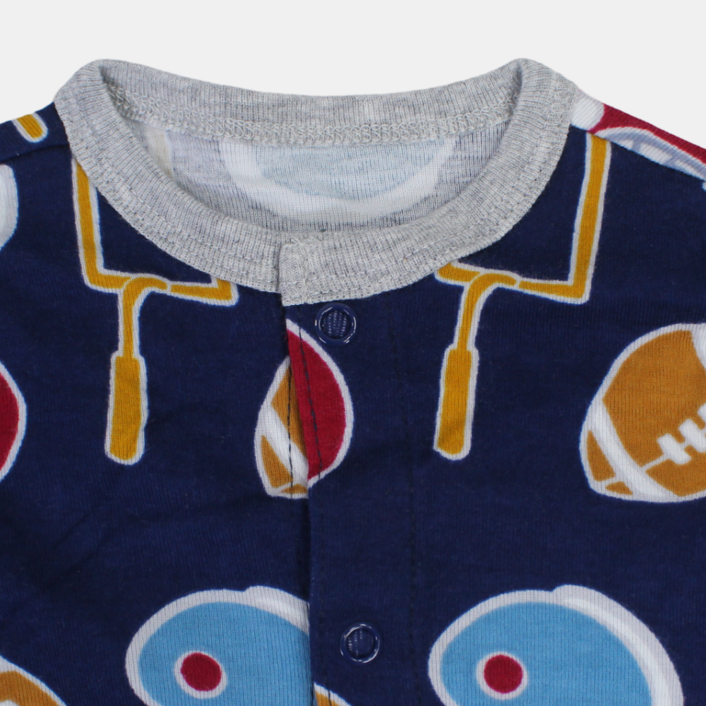 Baby Boys Cotton Romper – Navy Blue with Sports Print