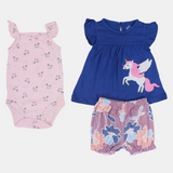 Baby Girls Cotton 3-Piece Outfit Set – Indigo with Flying Unicorn Design
