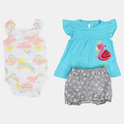 Baby Girls Cotton 3-Piece Outfit Set – Aqua with Flamingo Design