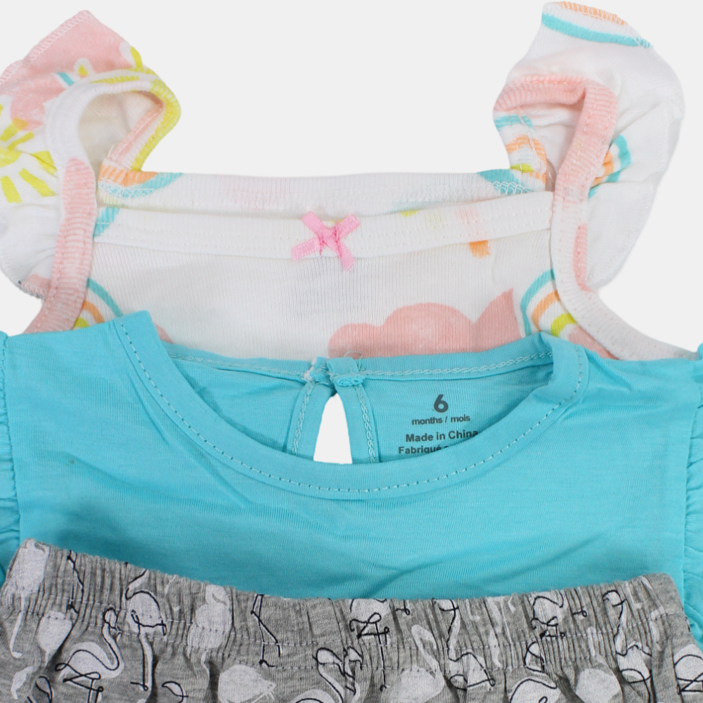 Baby Girls Cotton 3-Piece Outfit Set – Aqua with Flamingo Design