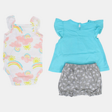 Baby Girls Cotton 3-Piece Outfit Set – Aqua with Flamingo Design