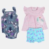 Baby Girls Cotton 3-Piece Outfit Set – Pink with Stripes and Unicorn Design