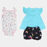 Baby Girls Cotton 3-Piece Outfit Set – Aqua with Butterfly Design