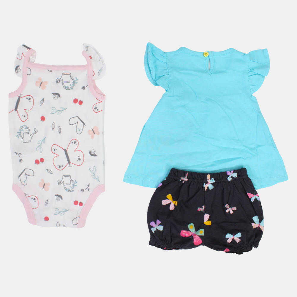 Baby Girls Cotton 3-Piece Outfit Set – Aqua with Butterfly Design