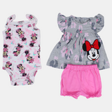 BABY Girls Cotton 3-Piece Outfit Set – Grey with Minnie Mouse Design