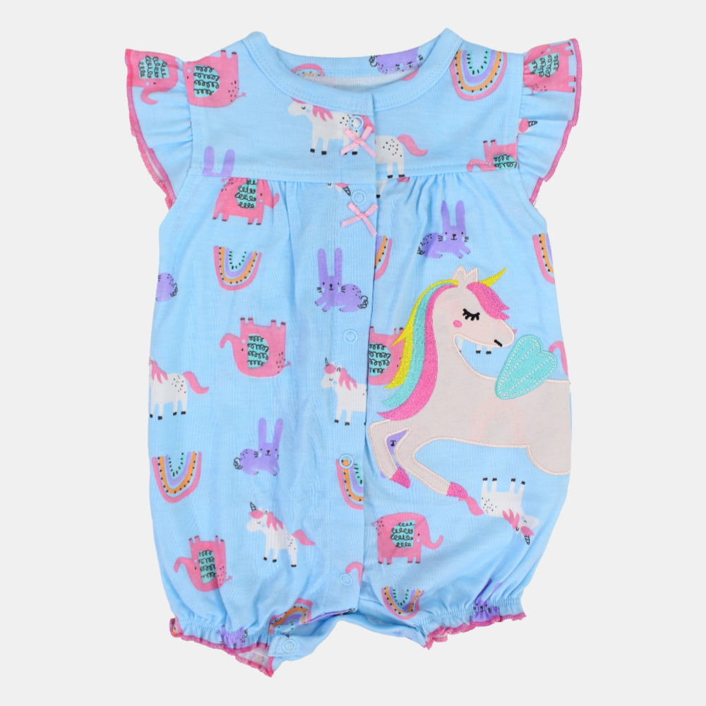 Baby Girls Cotton Romper – Light Blue with Unicorn and Animals Print
