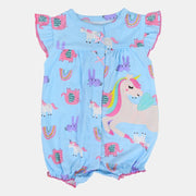 Baby Girls Cotton Romper – Light Blue with Unicorn and Animals Print