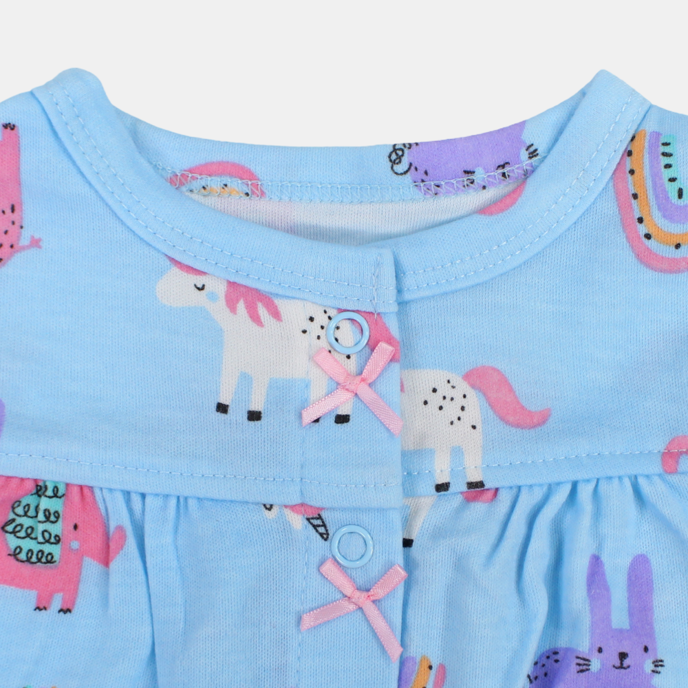 Baby Girls Cotton Romper – Light Blue with Unicorn and Animals Print