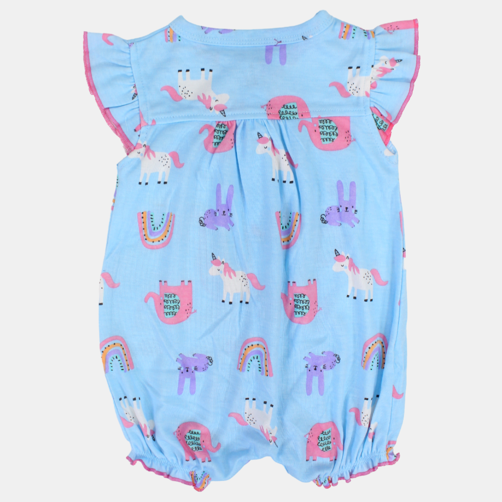 Baby Girls Cotton Romper – Light Blue with Unicorn and Animals Print