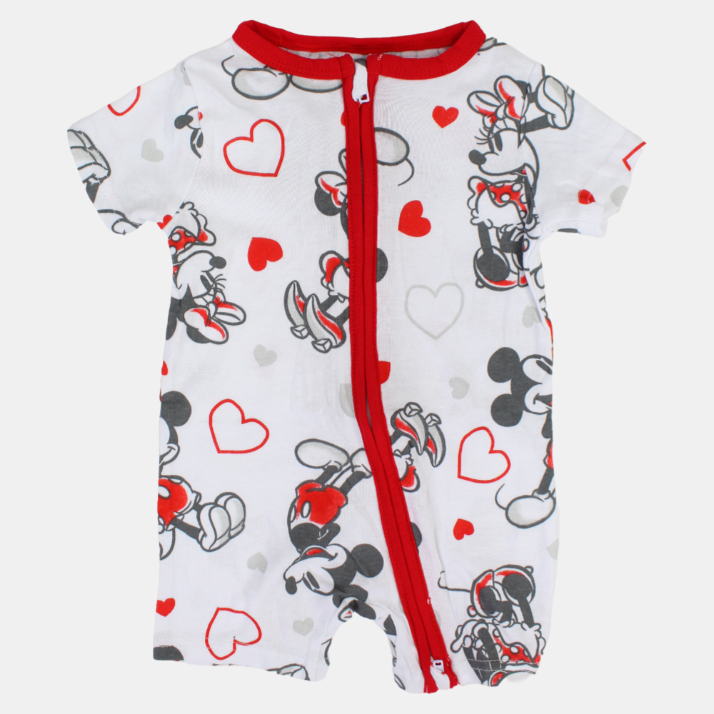 Baby Girls Cotton Romper – White with Minnie Mouse Print and Zipper Detail