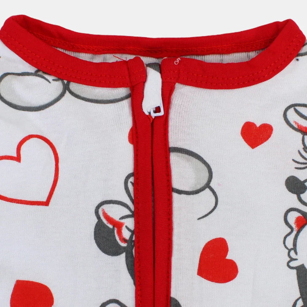 Baby Girls Cotton Romper – White with Minnie Mouse Print and Zipper Detail
