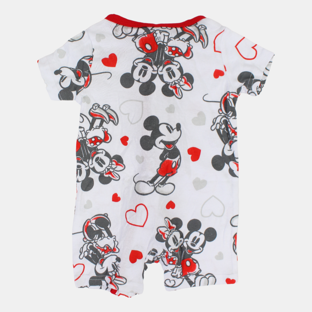 Baby Girls Cotton Romper – White with Minnie Mouse Print and Zipper Detail