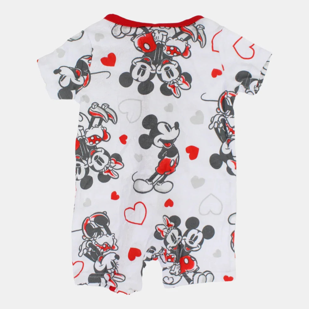 Baby Girls Cotton Romper – White with Minnie Mouse Print and Zipper Detail