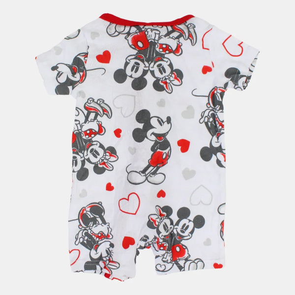 Baby Girls Cotton Romper – White with Minnie Mouse Print and Zipper Detail