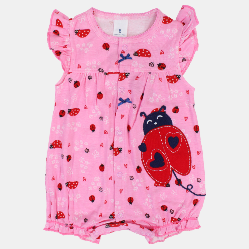 Baby Girls Cotton Romper – Pink with a Ladybug Print