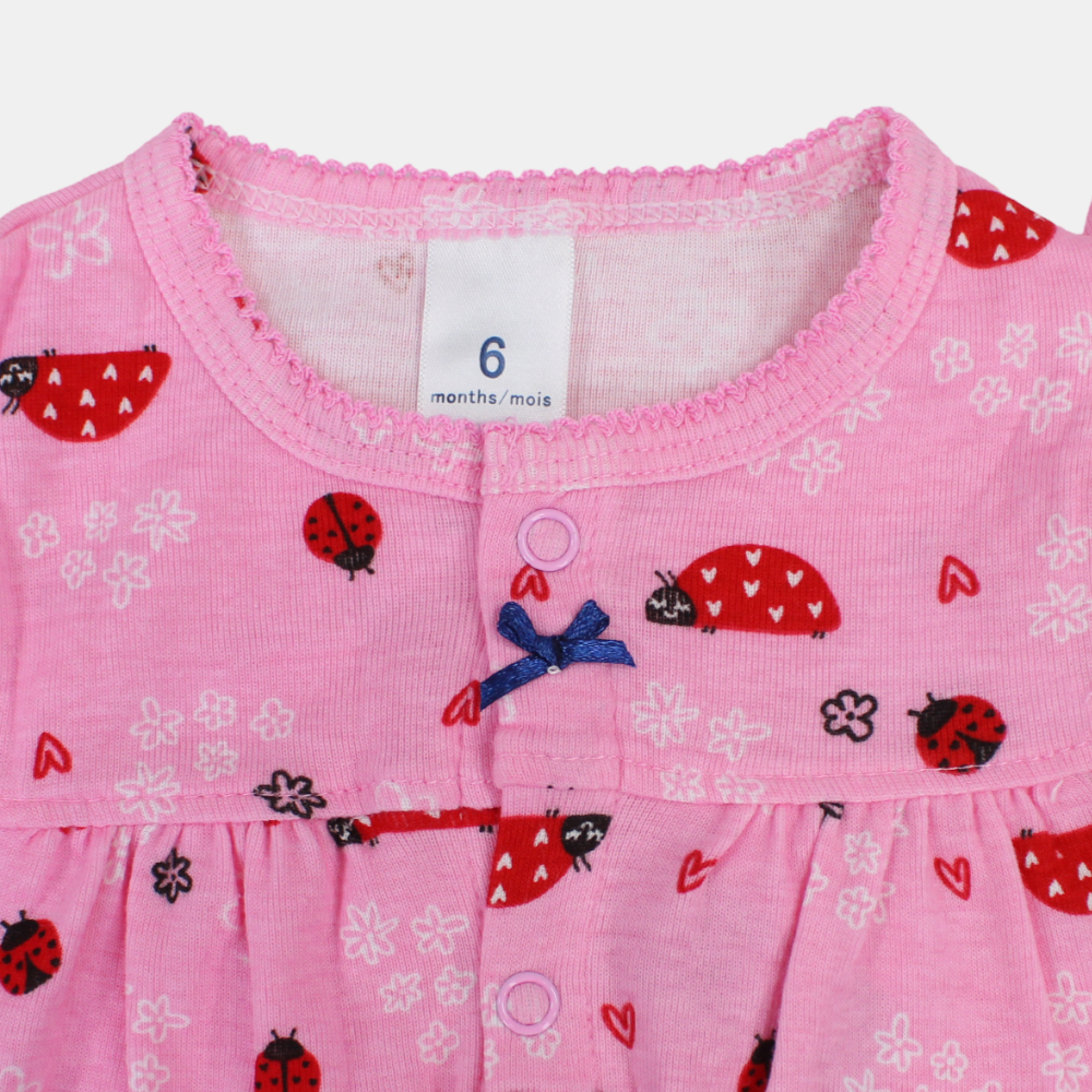 Baby Girls Cotton Romper – Pink with a Ladybug Print