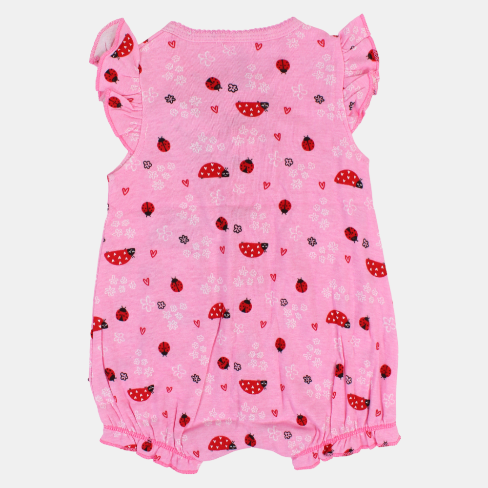 Baby Girls Cotton Romper – Pink with a Ladybug Print