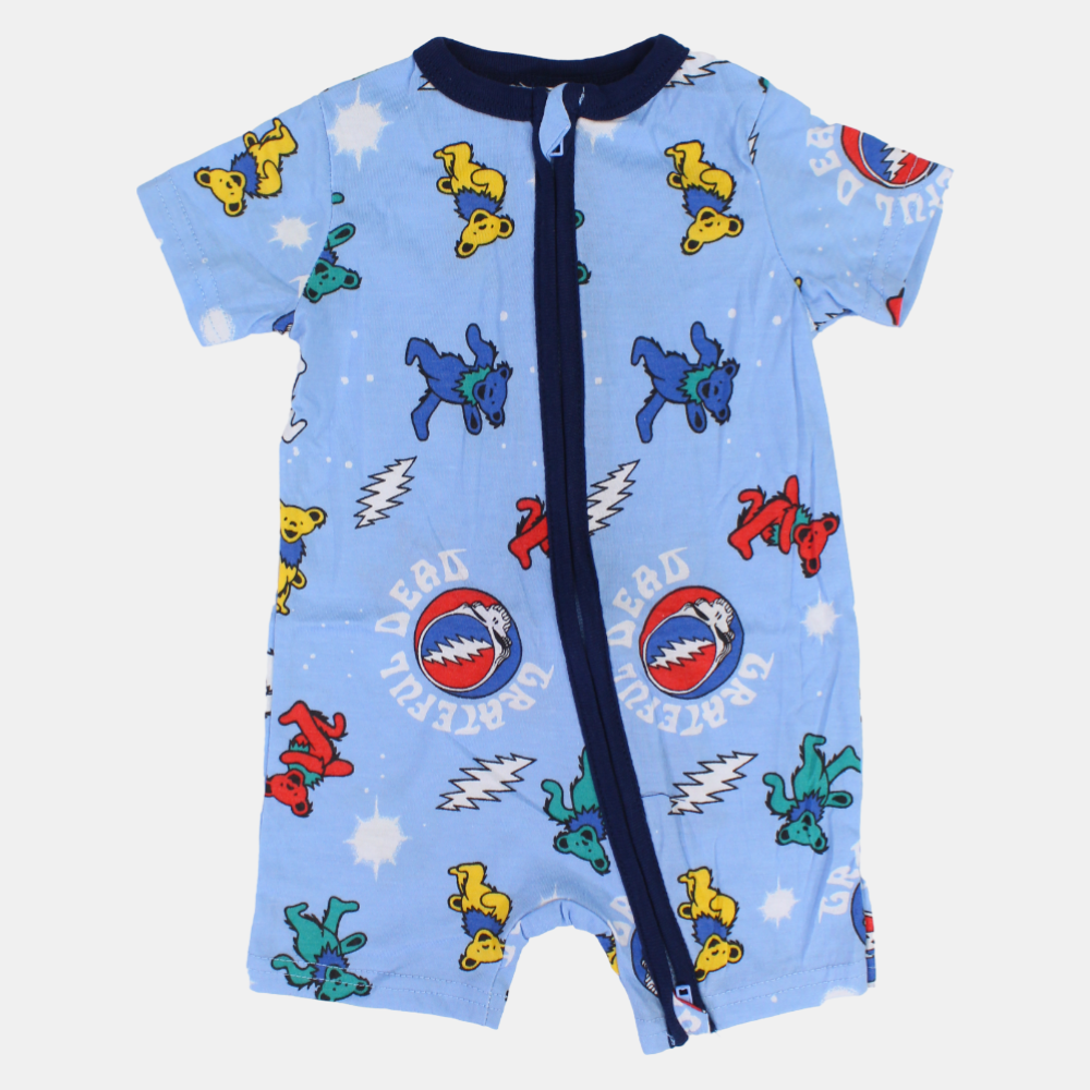 Baby Boys Cotton Romper – Light Blue with Bear Print and Zipper Detail