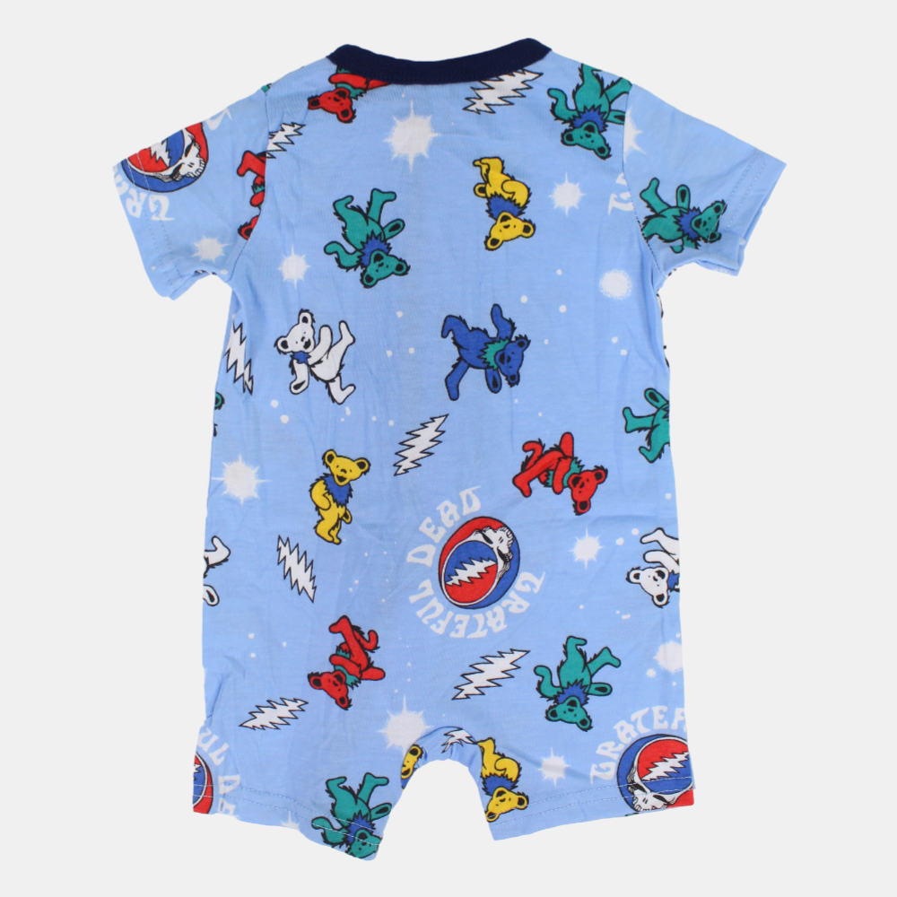 Baby Boys Cotton Romper – Light Blue with Bear Print and Zipper Detail