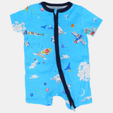 Baby Boys Cotton Romper – Turquoise with Space Print and Zipper Detail