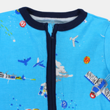 Baby Boys Cotton Romper – Turquoise with Space Print and Zipper Detail