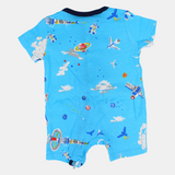 Baby Boys Cotton Romper – Turquoise with Space Print and Zipper Detail