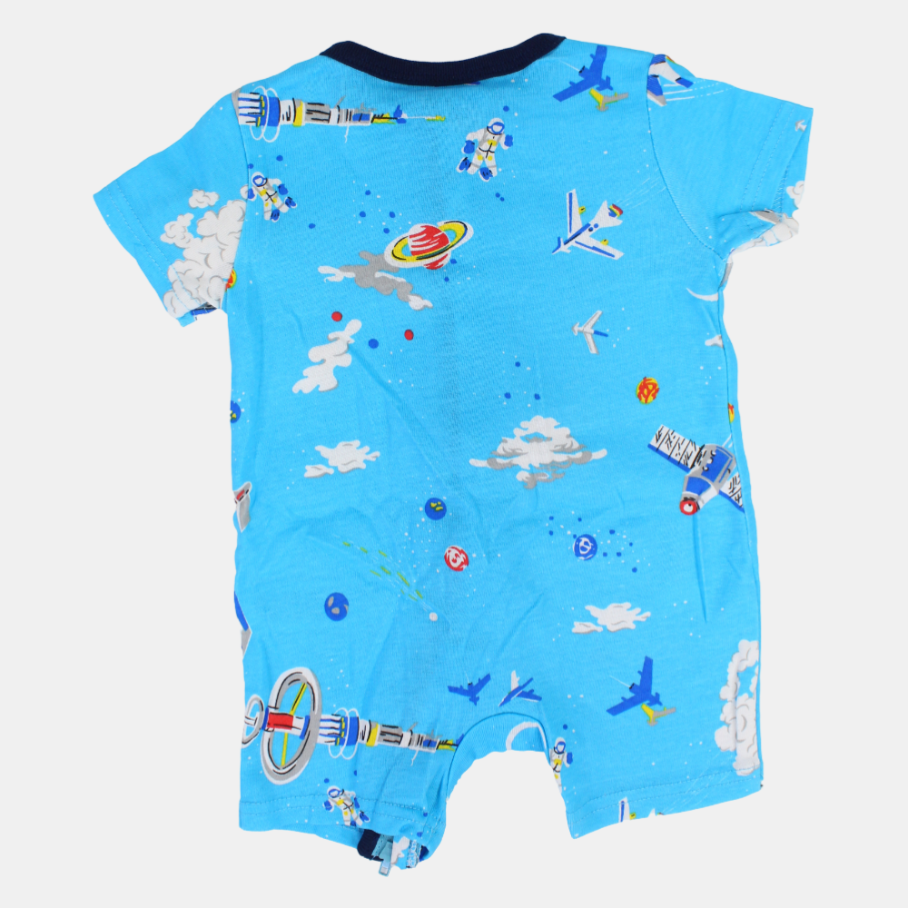 Baby Boys Cotton Romper – Turquoise with Space Print and Zipper Detail