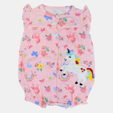 Baby Girls Cotton Romper – Pink with Unicorn and Flowers Print