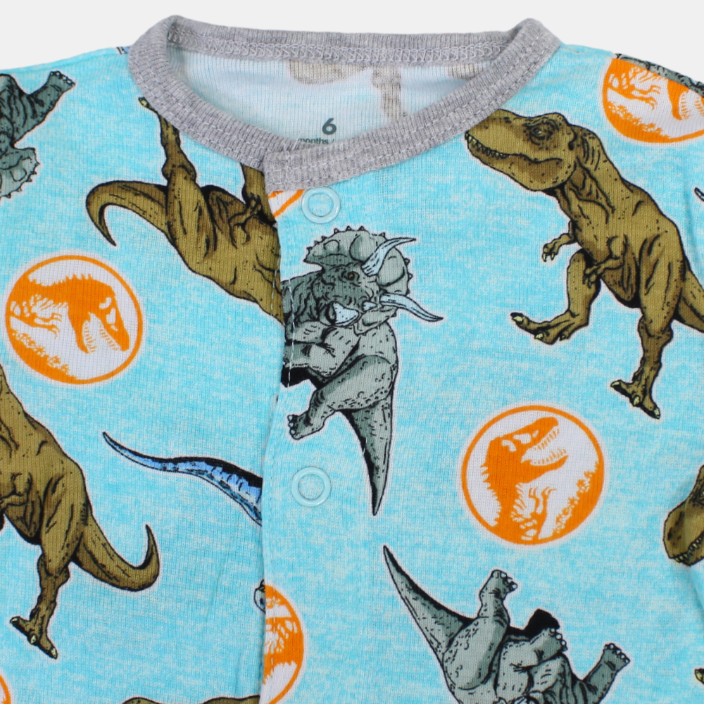 Baby Boys Cotton Romper – Aqua with Dinosaur Print