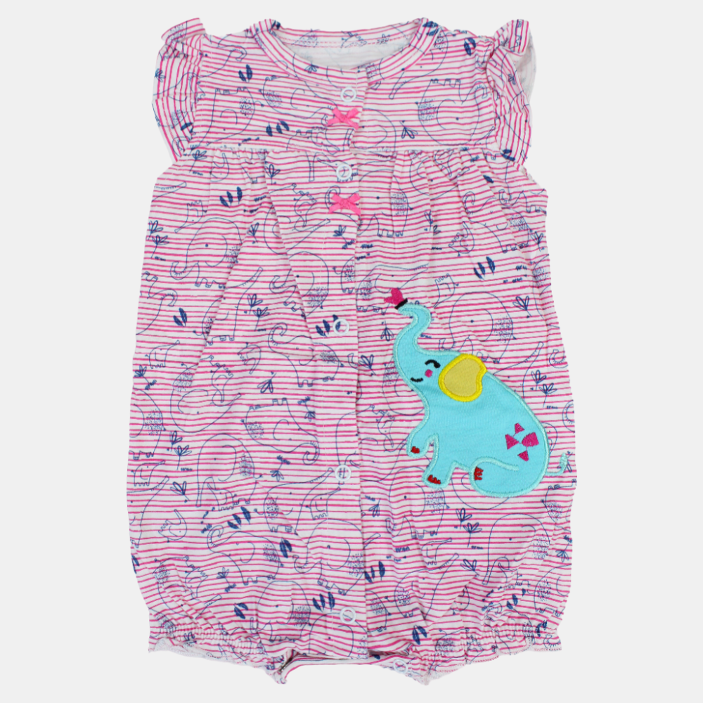 Baby Girls Cotton Romper – Pink Striped with Elephant Print