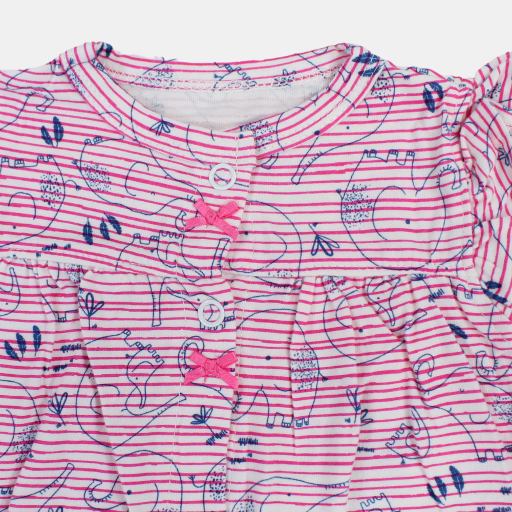 Baby Girls Cotton Romper – Pink Striped with Elephant Print